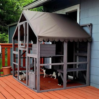  Catio Outdoor Cat Enclosure Large Cat Run with Bridges, Walks, Small Houses, Roof Cover 110"
