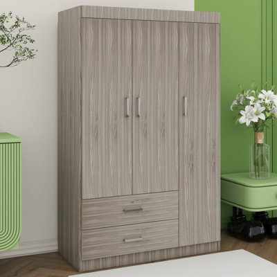 3-Door Large Wardrobe With 2 Storage Drawers, Modern Armoire Free-Standing Garment Wooden Closet Storage Cabinet