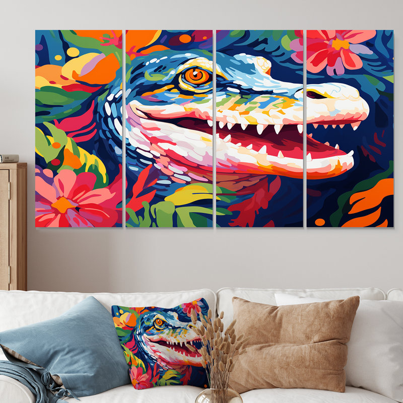 Popart alligator Blooms I - ensemble de 4 décorations murales alligator / crocodile, H 28 po x l 48 po