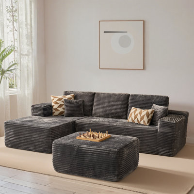 Boneless Compression Packed 3-piece Cloud Modular Corduroy Sectional Sofa With Ottoman – No Assembly Required