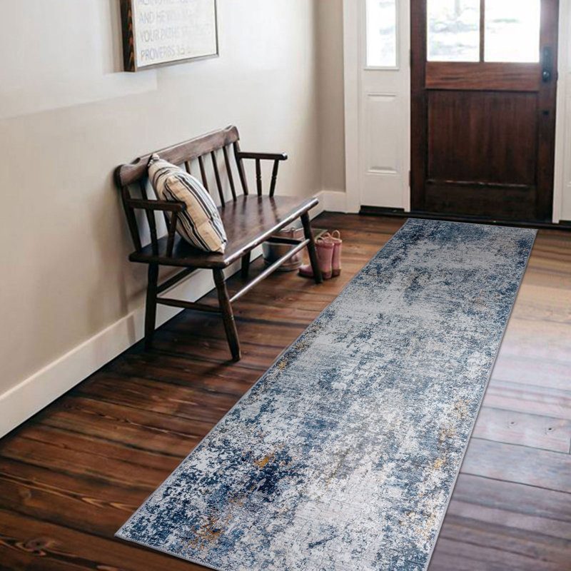 Tapis bleu / ivoire Markena, Tapis de couloir 2 pi 6 po x 8 pi