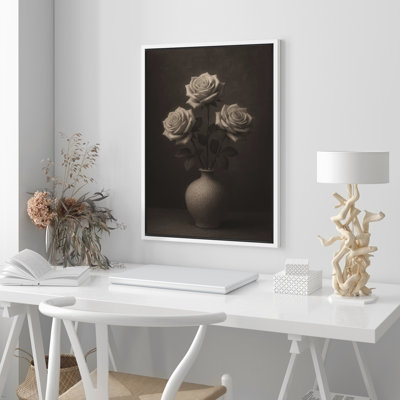 «Three Roses White in Elegant Vase Floral Still Life», reproduction d'art sur toile encadrée dans la chambre principale