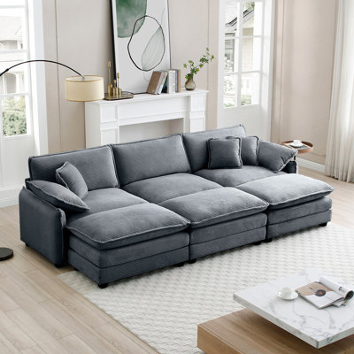 Oversized Modular Cushioned Sofa With 3 Ottomans To Work As Sleeper Sofa Beds, 3-Seater Sofa With 3 Footstools