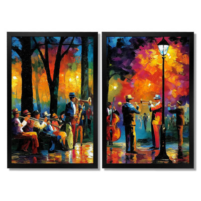 Outdoor Jazz Music In Paris - Music Jazz Canvas Prints, Yellow Vintage Wall Art Set Of 2