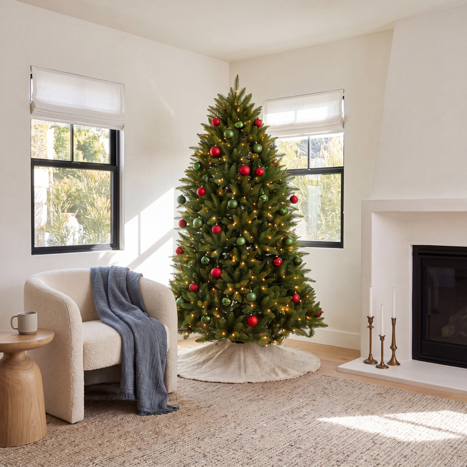6.89 Ft Artificial Pre-Lit Christmas Tree With Lights, Farmhouse Greenery Xmas Tree With Branch Tips Sturdy Metal Stand