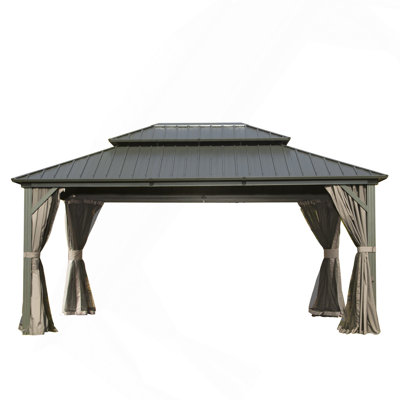 10' X 14' Hardtop Gazebo, Aluminum Metal Gazebo With Galvanized Steel Double Roof Canopy, Curtain And Netting, Permanent Gazebo Pavilion