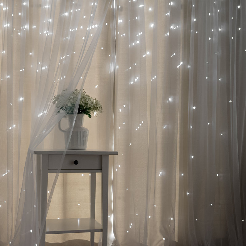 Jenifer Tulle Overlay Star Cutout Solid Room-Darkening Grommet Curtain Panels, 52" W x 84" L, Biscuit