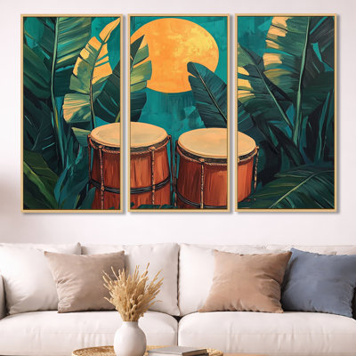 Décoration murale encadrée 3 pièces Tropical Drums At Moonrise - Green Music
