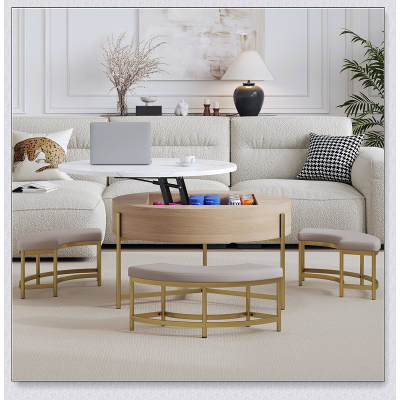 Table basse moderne à plateau relevable avec rangement et 3 repose-pieds, parfaite pour les espaces de vie élégants et fonctionnels