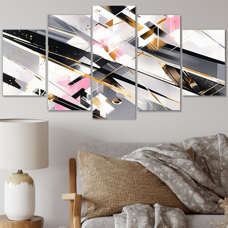 Pink Grey Symmetrical Abstract - Cubism Wall Decor - 5 Panels