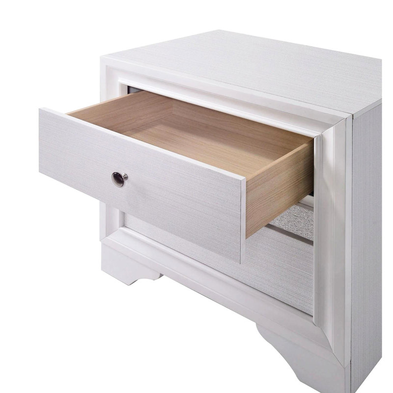 Table de chevet moderne blanche avec détails argentés élégants et espace de bijoux caché Table de chevet transitionnelle en bois massif avec garniture de tiroir