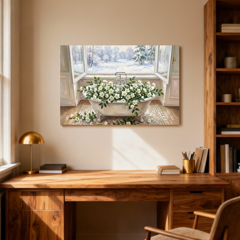 Plantes et fleurs scène d'hiver avec fleurs et baignoire, H 24 po x l 36 po