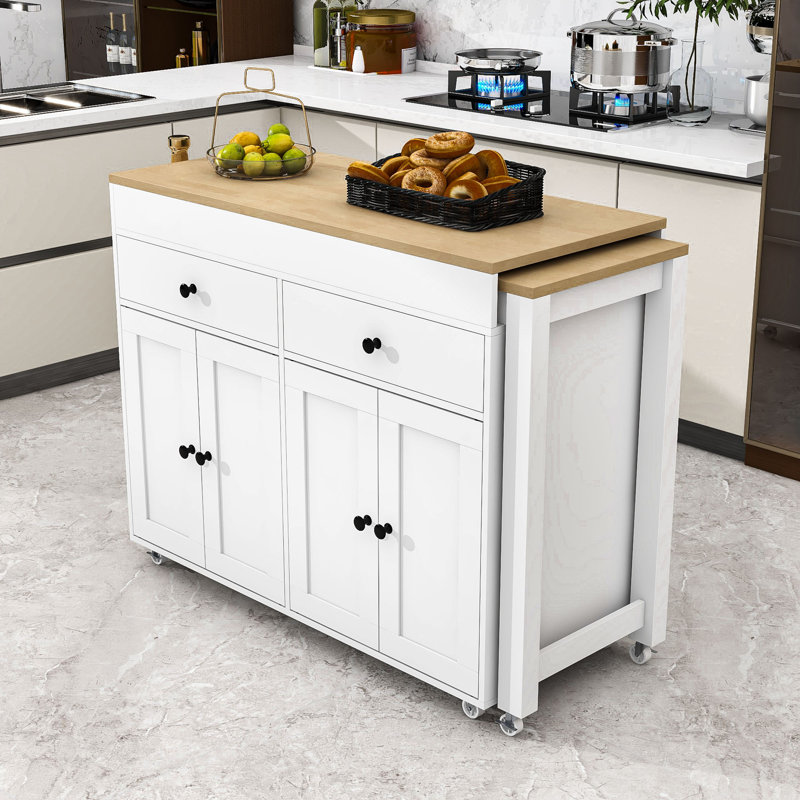 Chariot de cuisine polyvalent avec roues verrouillables, table extensible et armoires spacieuses, Blanc