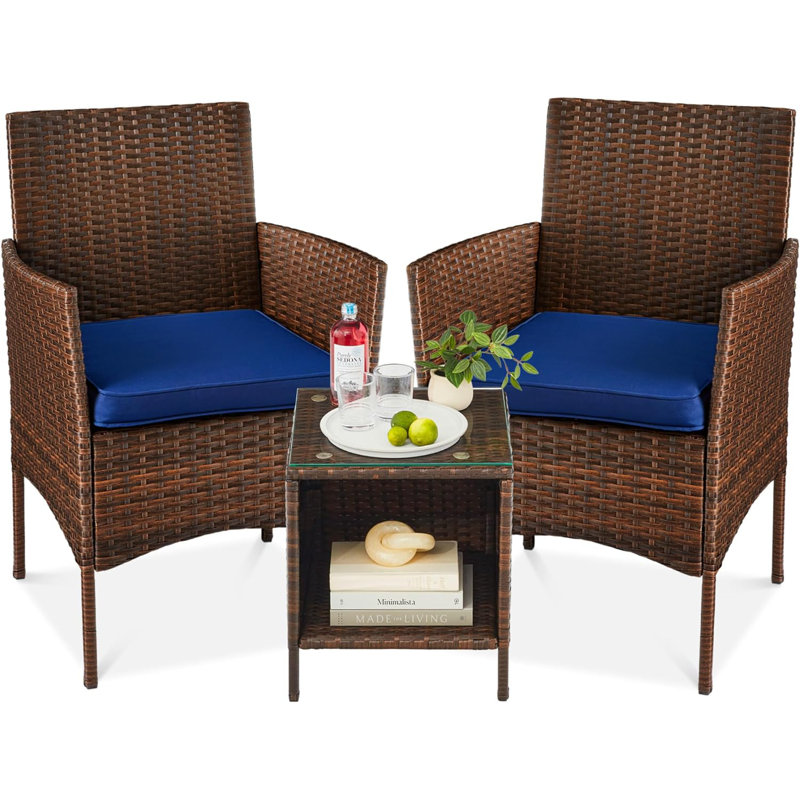 Brown and Navy 3-Piece Outdoor Wicker Patio Bistro Set