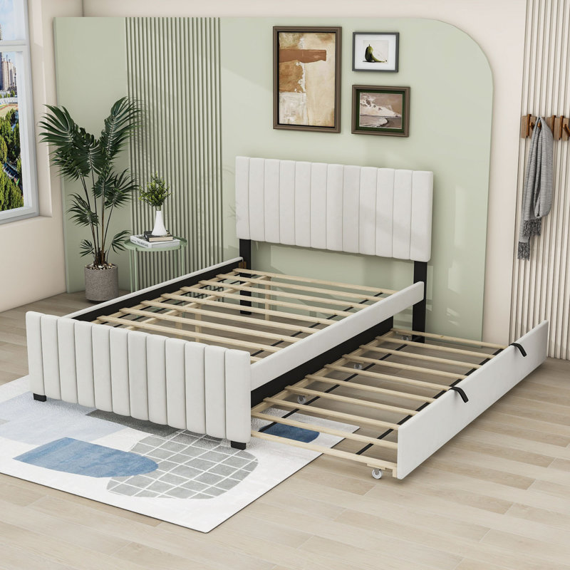 Lit plateforme double tapissier avec lit gigogne, Beige