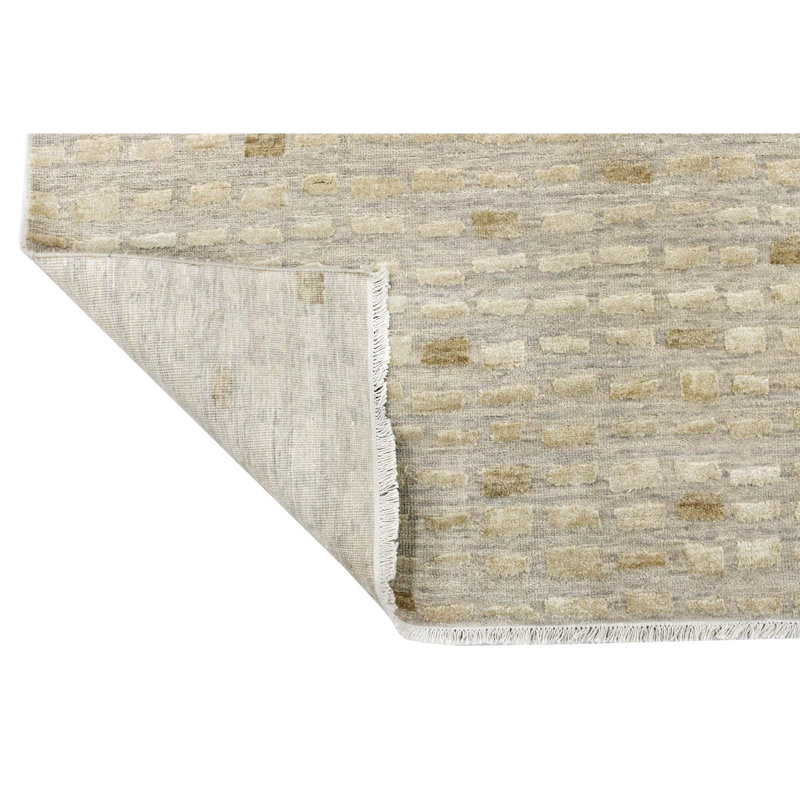 Tapis rectangulaire en laine / soie noué à la main beige / brun clair, Rectangle 8 pi x 10 pi