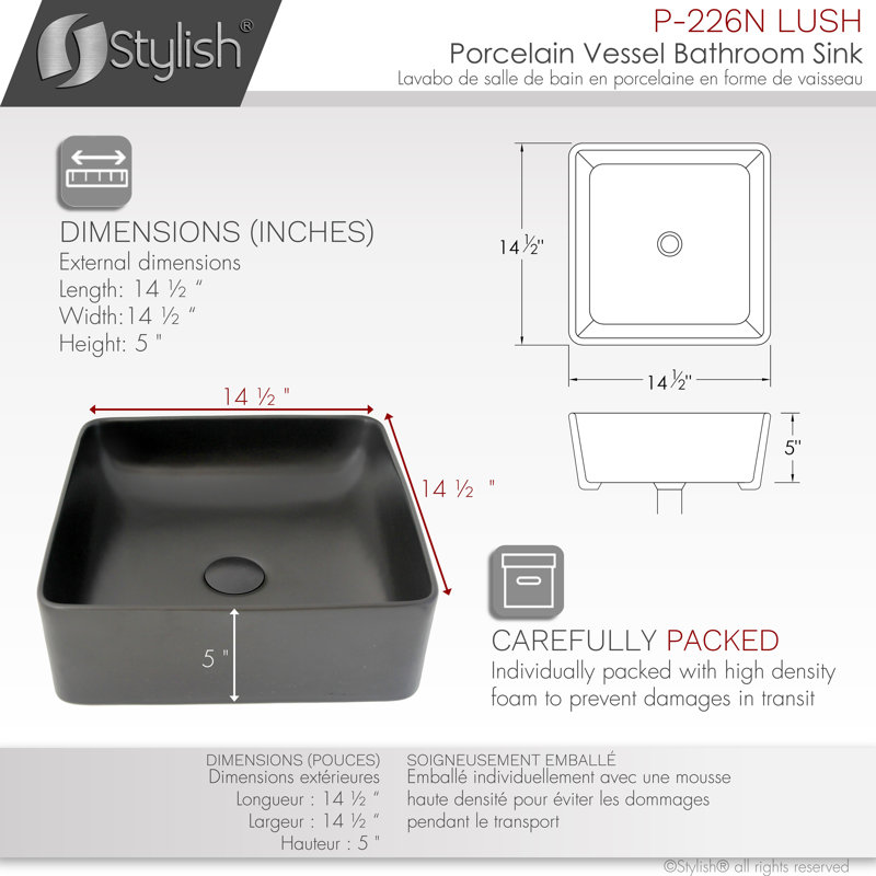 Lavabo vasque carré L 14 1/2 po STY retish Opulence Lush, Noir
