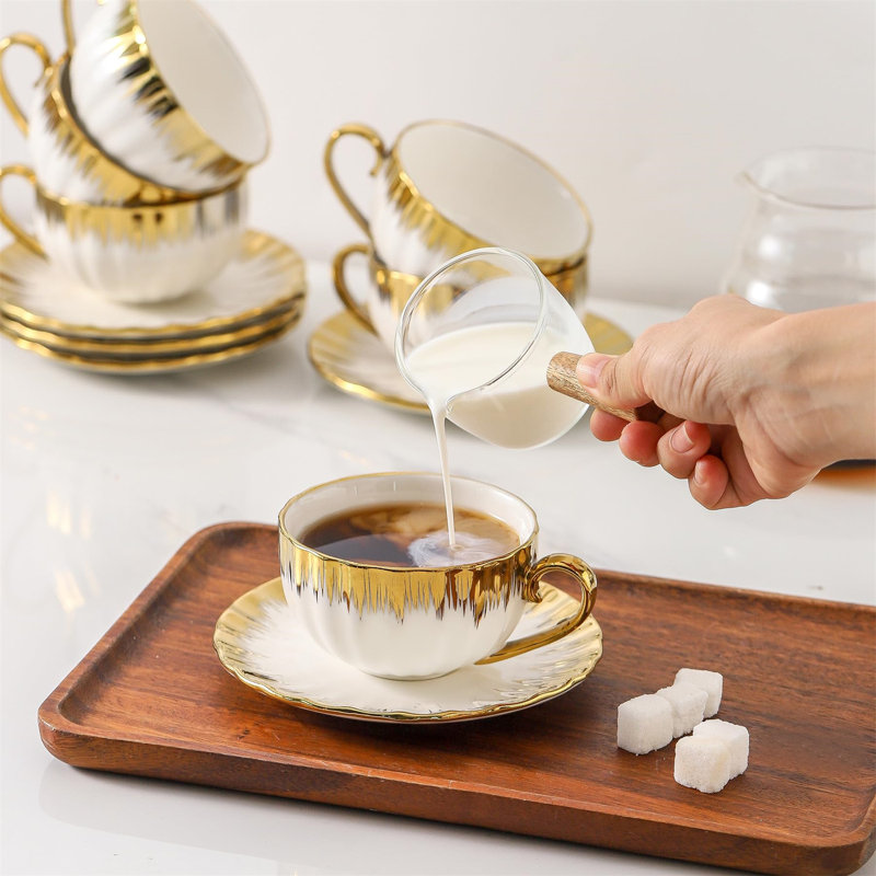 White and Gold Ceramic Cappuccino Cups with Saucers Set
