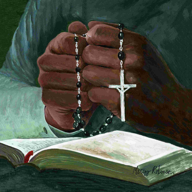 " The Praying Hands Rosary " Oil Painting, 12" W x 12" H
