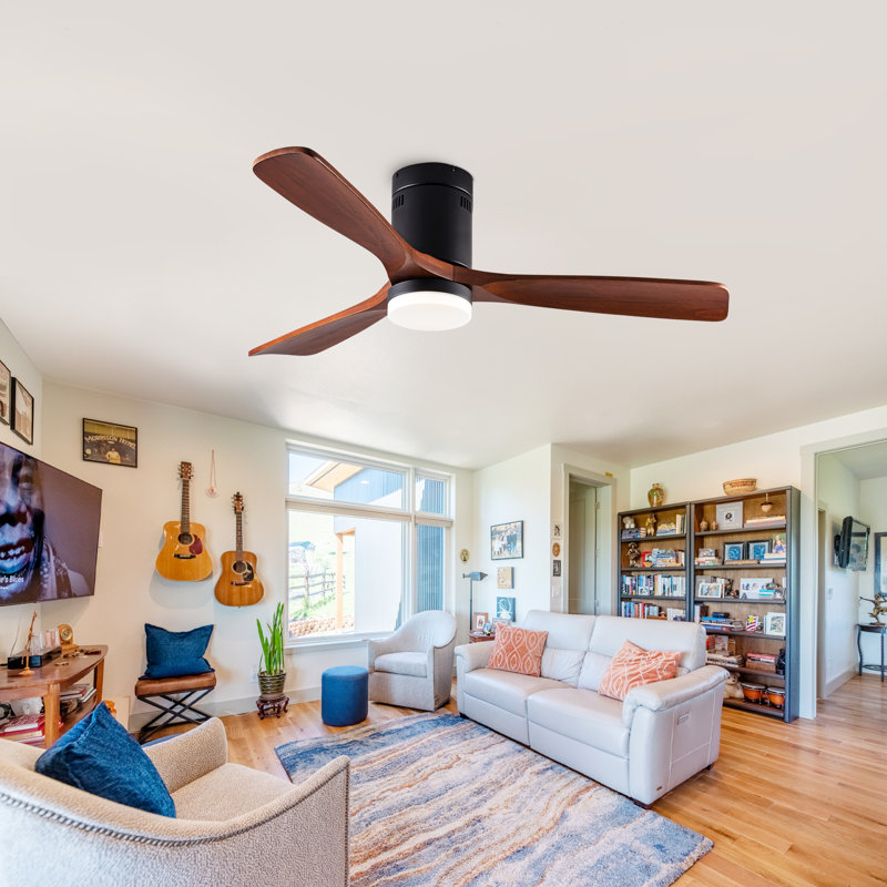 Ventilateur de plafond encastré à profil bas en bois massif de 52 pouces avec lumière, application et télécommande, moteur à courant continu réversible à 6 vitesses, ventilateur à DEL à intensité variable 3CCT et à DEL pour le salon de la chambre à coucher