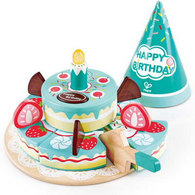 Hape: gâteau interactif joyeux anniversaire - jouet en bois léger et sonore de 16 pièces, gâteau-chapeau-bougie-trancheuse, nourriture de cuisine, ensemble de jeu de semblant, tout-petits et enfants de 2 ans et plus