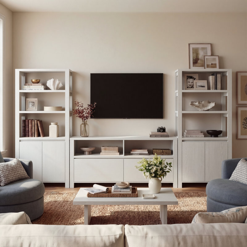 Entertainment Center With Bookshelves For Tvs Up To 70",Farmhouse TV Stand,For Living Room,Bedroom & Home Theater, White