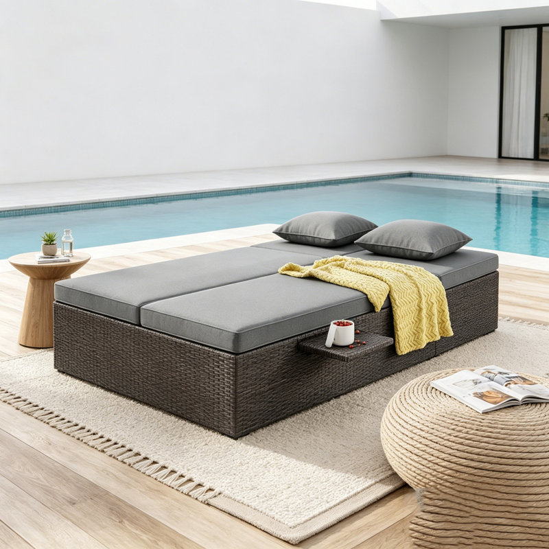 Double chaise longue d'extérieur en rotin d'extérieur avec dossier et siège réglables en osier, Gris