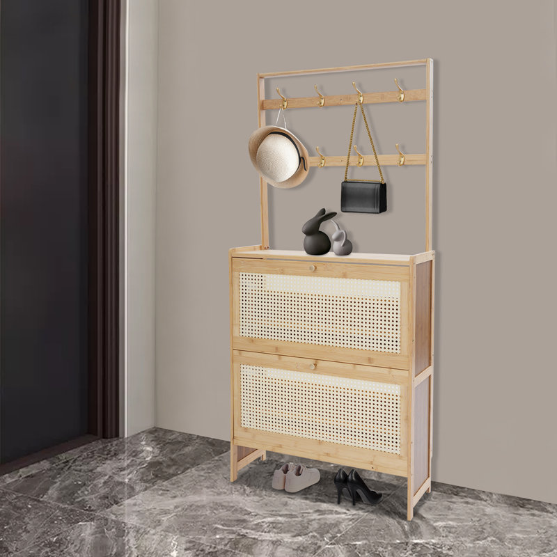 12 Pair Shoe Storage Cabinet, Light Yellow Wood