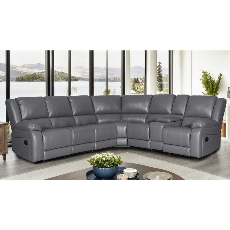 Lasceau 119" × 109" Faux Leather Manual Reclining Corner Sectional Couch with Storage and Cup Holder, Gray Faux Leather