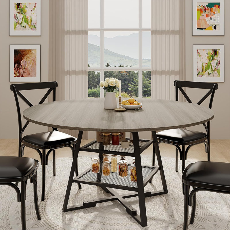 Round Dining Table for 4–6 with Storage Shelf, 42" or 47" Circle Kitchen Table, Rustic Farmhouse Style High-Top Dining Room Table