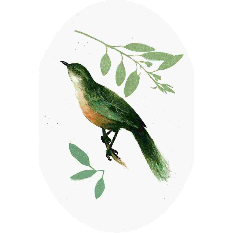 Oiseau rétro avec botanique, H 12 po x l 8 po