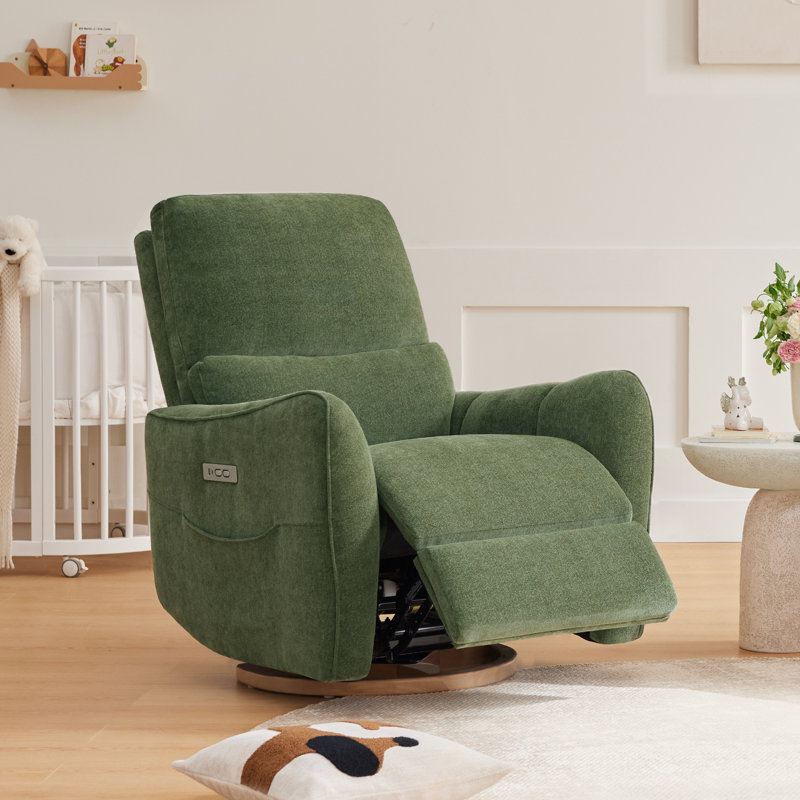 Fauteuil inclinable et oscillant moderne avec inclinaison électrique, charge USB et Type-C, poche latérale et base pivotante en bois massif