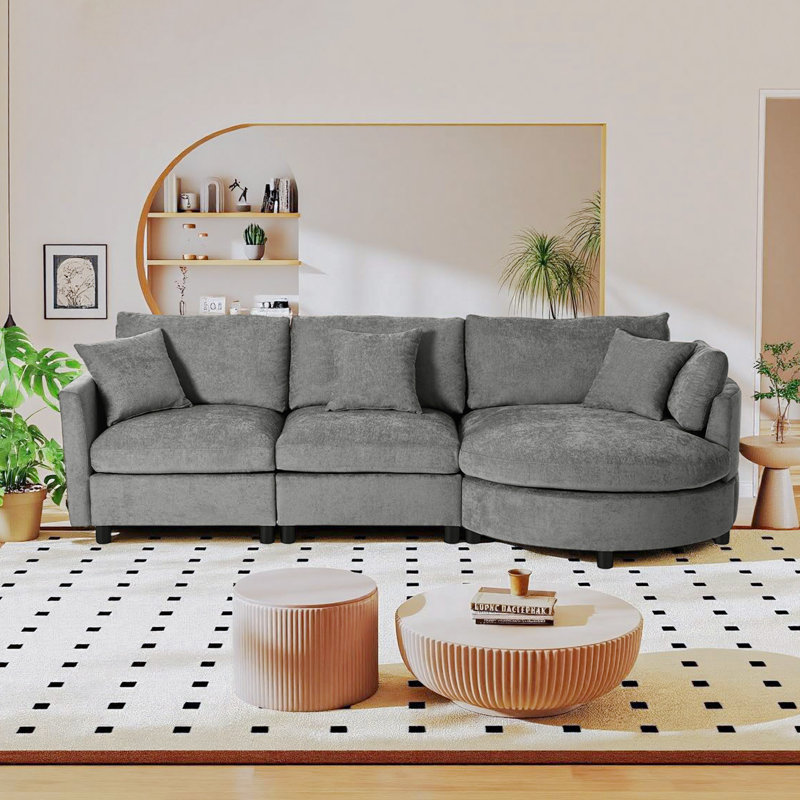 Canapé modulaire en chenille 3 pièces 105 po avec méridienne incurvée et 3 coussins décoratifs 105 po, Gris chenille