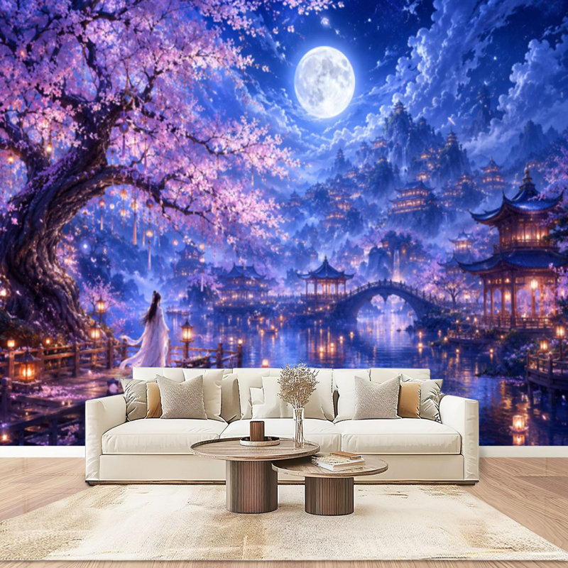 Papier peint adhésif pelez et collez, ville de fantaisie, pagodes, paysage de rivière réfléchissant, art mural auto-adhésif et amovible