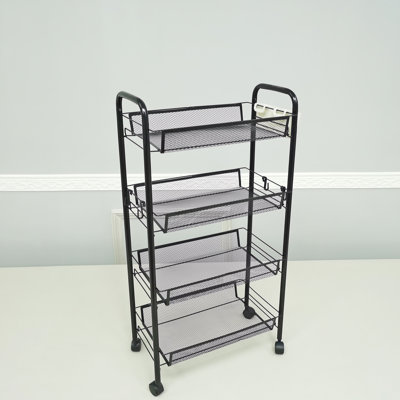 Black 4 Tier Rolling Storage Cart, 17.4 X 10 X 33.5, Metal Utility Cart With Wheels, Hooks And Side Holders For Home, Kitchen, Office & Salon 22249