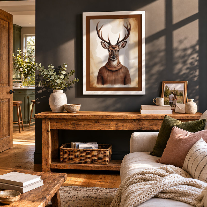 Deer in Knit Boho - Framed Print, A2 - 59.4 x 42.0 cm, Oak