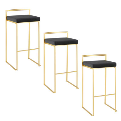 Fuji 30" Contemporary Barstool In Gold Metal With Black Velvet Cushion By Lumisource - Set Of 3