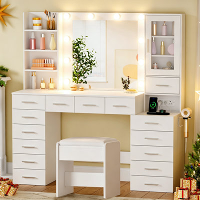 Adriel 53.1" W Makeup Vanity Set with Lighted Mirror, 15 Drawers and Power Outlet