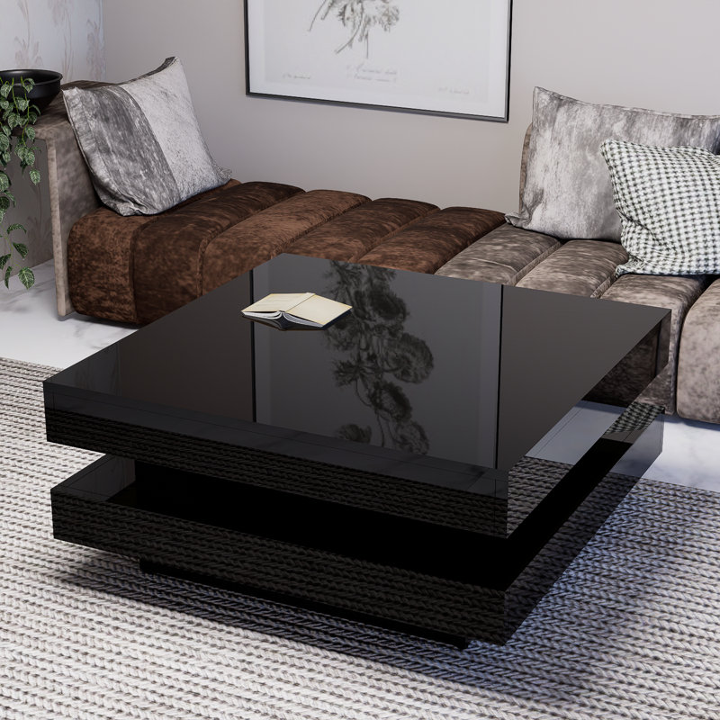 Table basse carrée noire ultra-brillante de conception minimaliste à 2 niveaux avec lumières DEL, table de salon centrale.