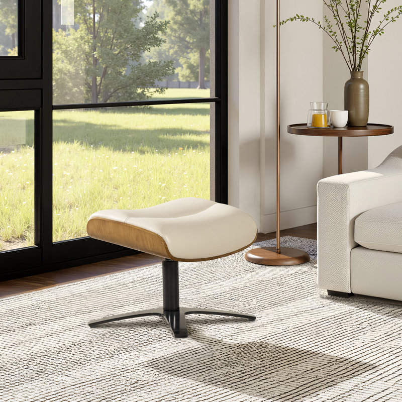 Ingrassia 20.5" Genuine Leather Footstool Ottoman, Baja White, Beige