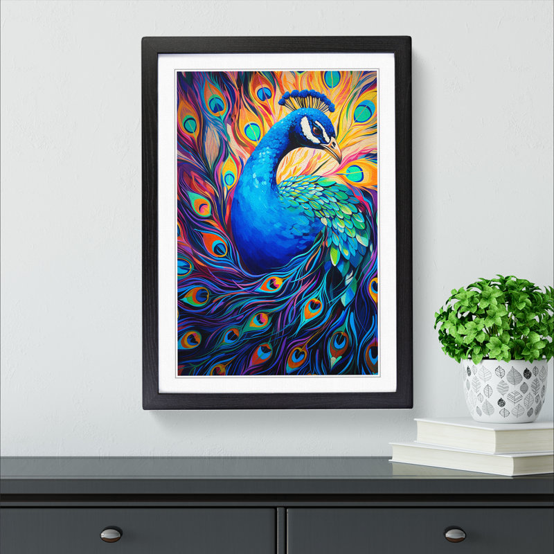 Peacock Expressionism - Single Picture Frame Print on Wood, 34cm H x 25cm W x 2cm D, Black Framed
