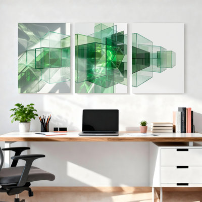 Cubes géométriques verts, ensemble de 3 reproductions d'art sur toile tendue sur toile abstraite pour salon, chambre à coucher, bureau