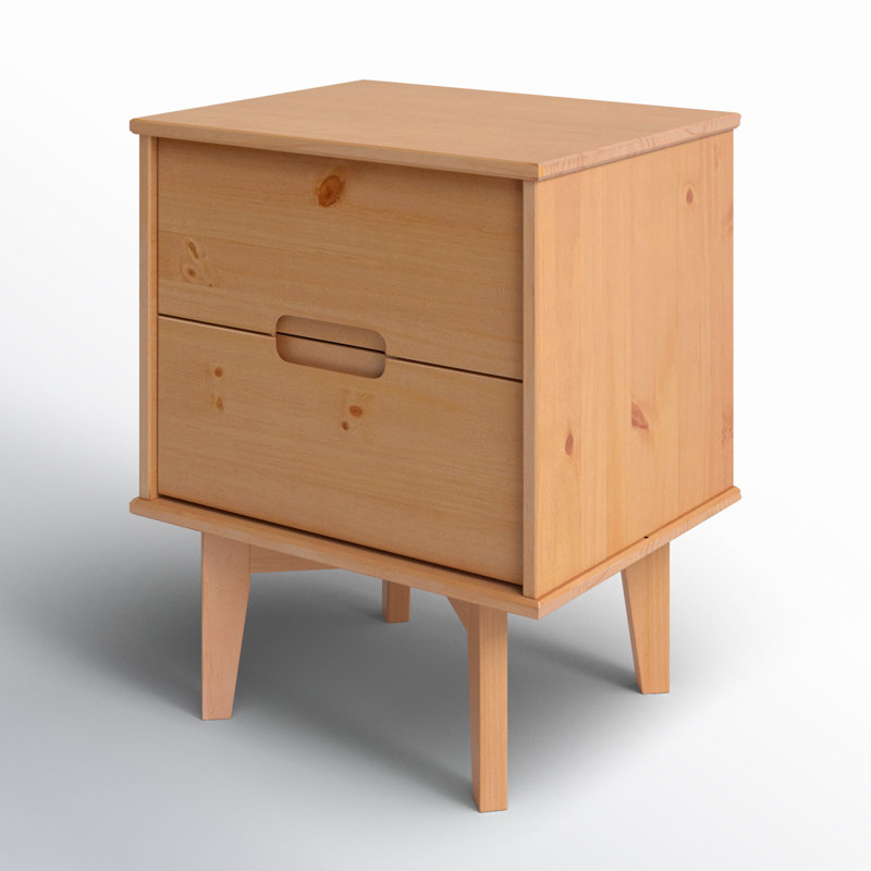 Solid Wood Groove Handle 2-Drawer Nightstand, Natural Pine