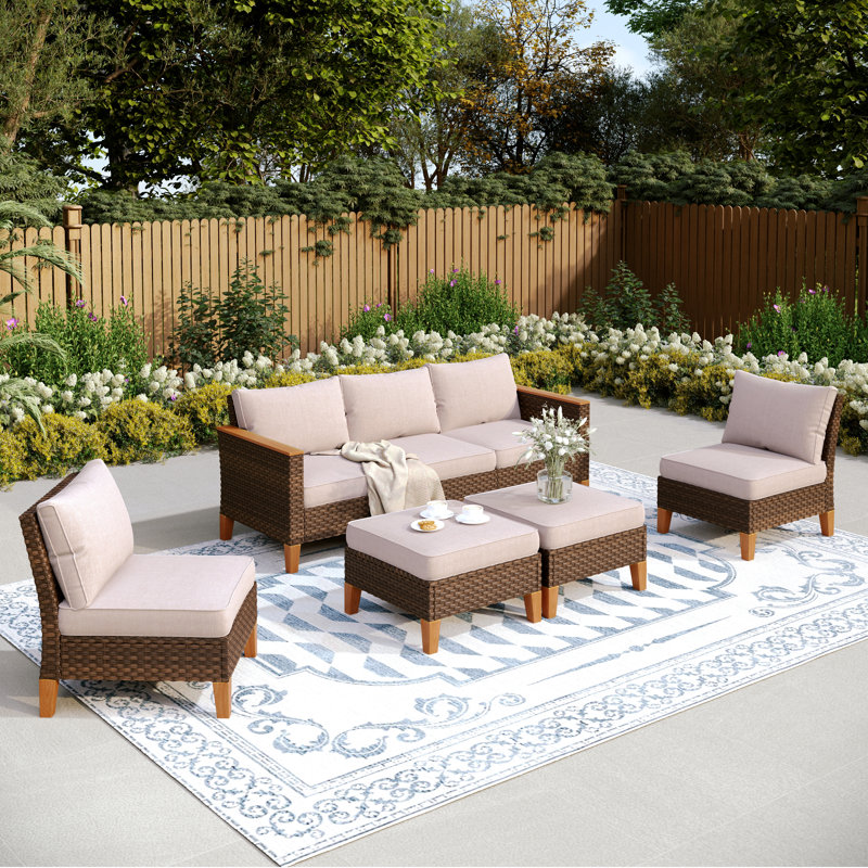 All Weather Wicker/Rattan 7 - Person Seating Group with Cushions, Beige, No