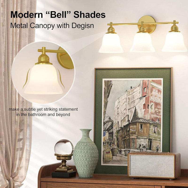 Luminaire de salle de bain moderne à 3 lumières avec abat-jour en verre givré, finition or brossé, applique murale câblée pour éclairage en miroir, certifié UL