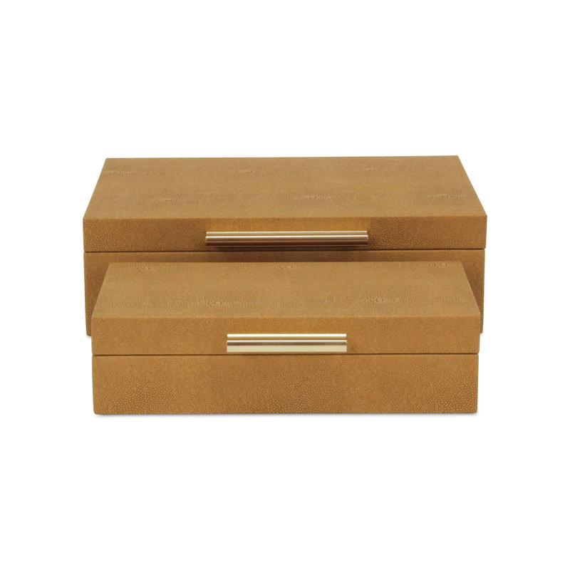 Lusan Rectangular Decorative Box Set - Camel Brown Faux Shagreen, Brown