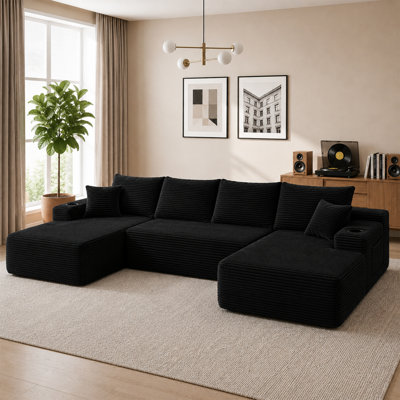 126" Cloud Sectional Sofa with U-Shape Chaise and Side Pockets and Cup holder , Modern Modular Design, Deep Seating, Upholstered Couch for Living Room/Bedroom, No Assembly Required (Plush)Black