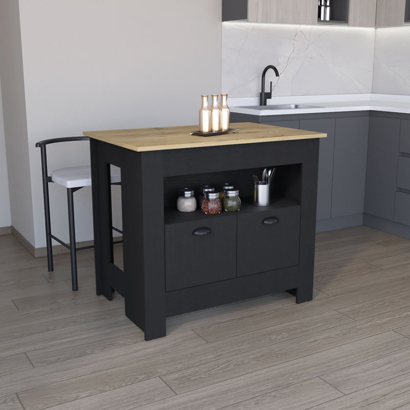 Îlot de cuisine Floyd H 35 po, avec 2 portes, 3 tablettes, noir / Macadamia