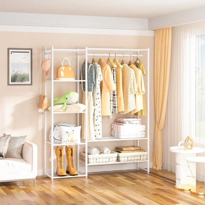 Organisateur de garde-robe portable blanc avec tablettes - porte-vêtements pour le rangement des vêtements - garde-robe autoportante en métal