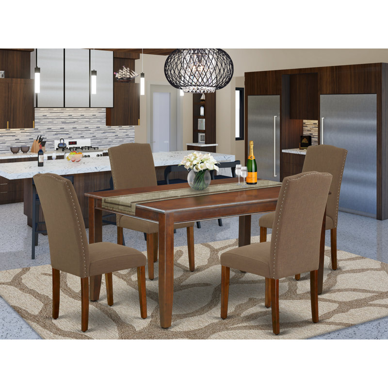 5 Piece Dining Room Furniture Set Includes a Rectangle Dining Table and 4 Dark Coffee Linen Fabric Upholstered Parson Chairs, Mahogany
